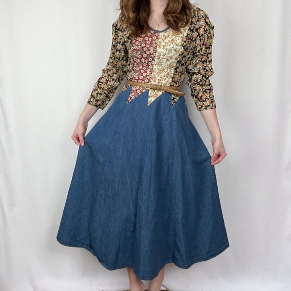 Stunning Vintage Cottagecore Patchwork Quilted Denim Midi Maxi Dress 70s 80s 90s - Picture 7 of 11